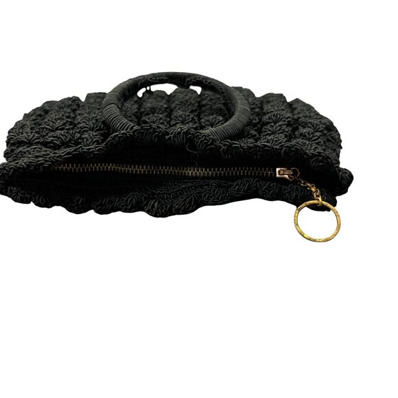 Vintage Black Crocheted Popcorn Stitch Handbag Small Purse Mid Century Used - Picture 13 of 16